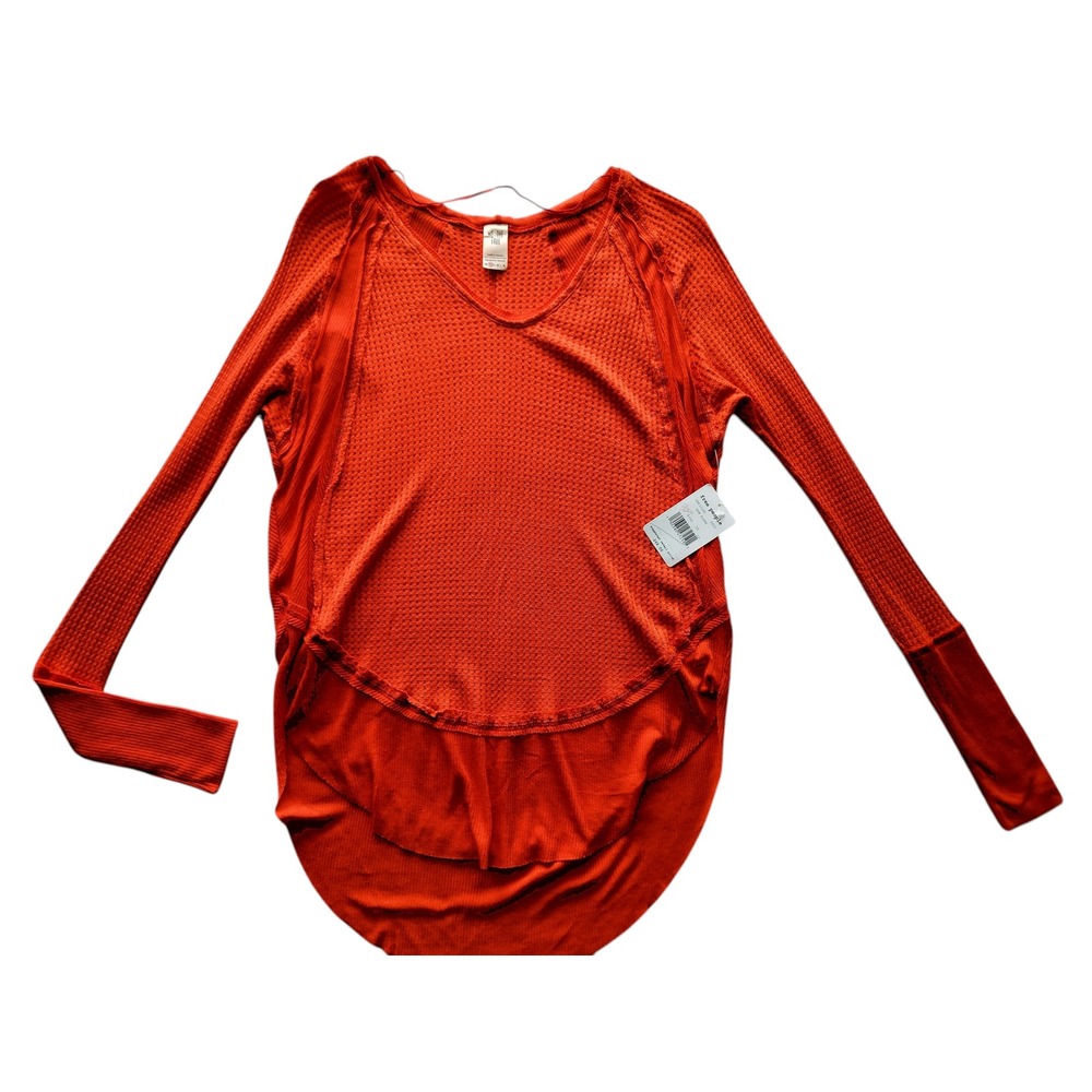 New Free People Women's Orange Catalina Waffle Knit Thermal Top Size XS - Picture 2 of 11